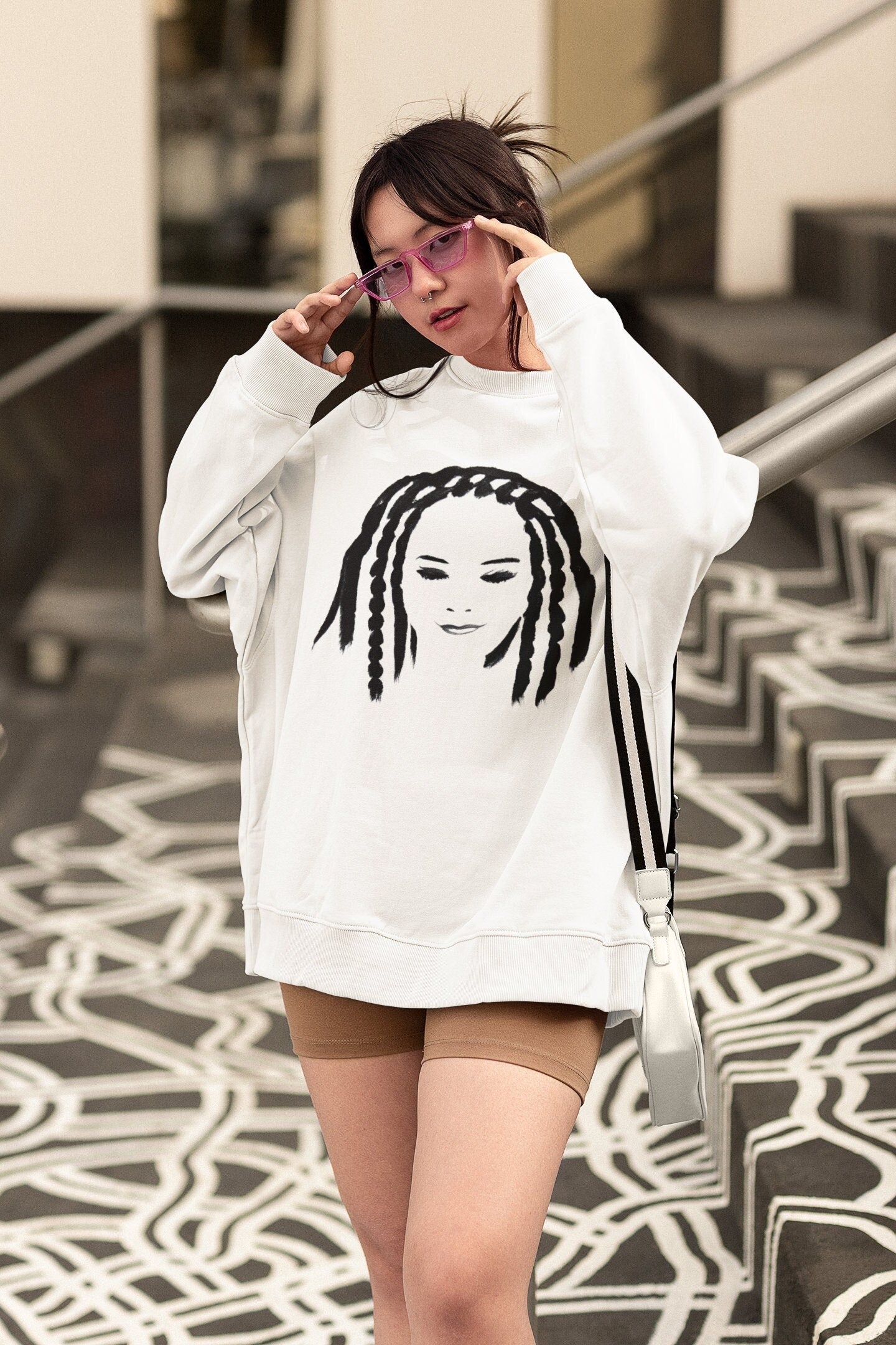 Enigmatic Girl with Braids Cotton Sweatshirt