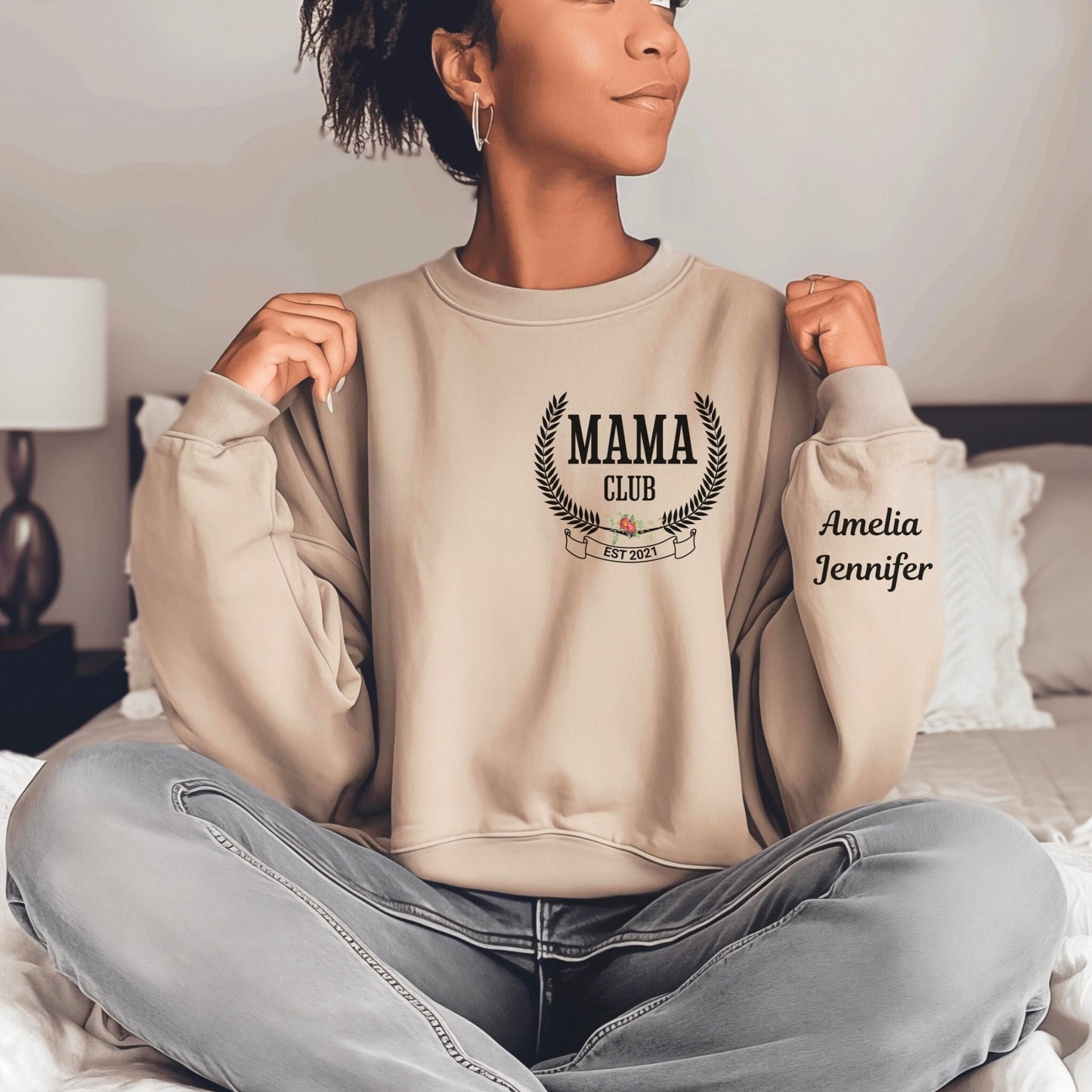 Custom Mama Club Sweatshirt with Kids Name on Sleeve